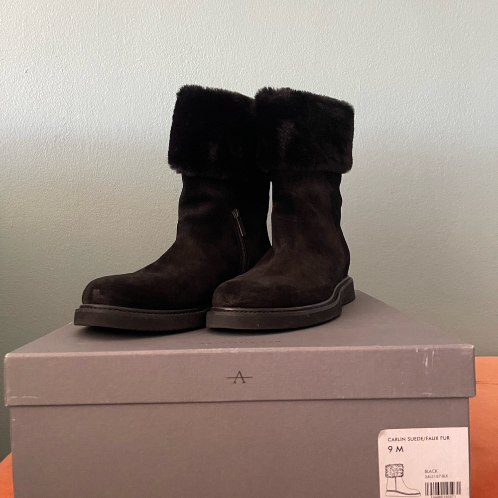 Aquatalia Black Suede Ankle Boots with Faux Fur
